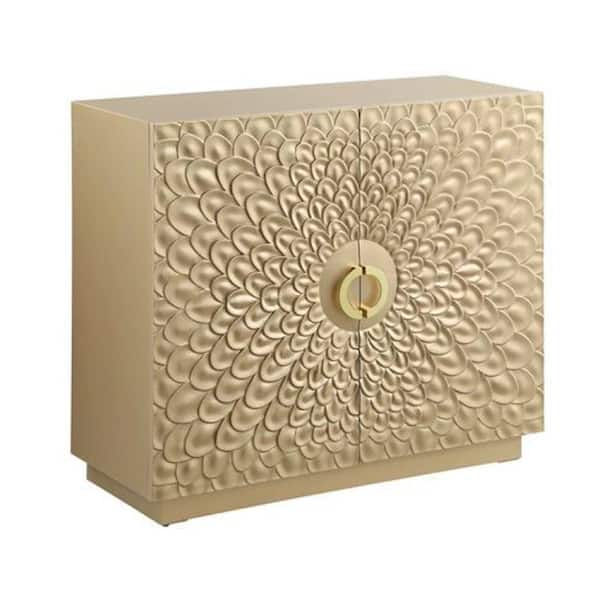 Benjara Gold Wood Top 17 in. Sideboard with 2-Door and Floral Pattern