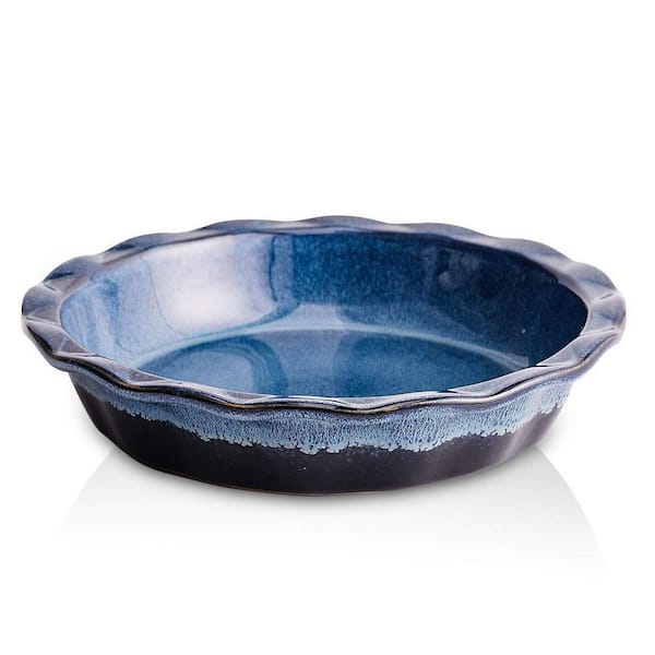 9 in. Round Ceramic Pie Plate with Reactive Glaze, Nonstick Baking Dish for Desserts and Dinner, Oven Safe, Blue