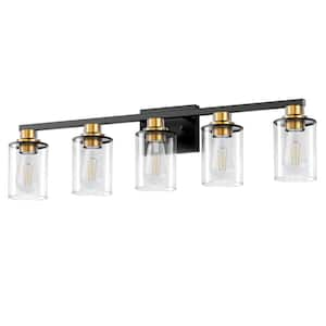 33 in. 5 Light Bathroom Vanity Light,Black and Gold Light with Clear Glass Shade, Black Wall Sconce for Bathroom,Bedroom