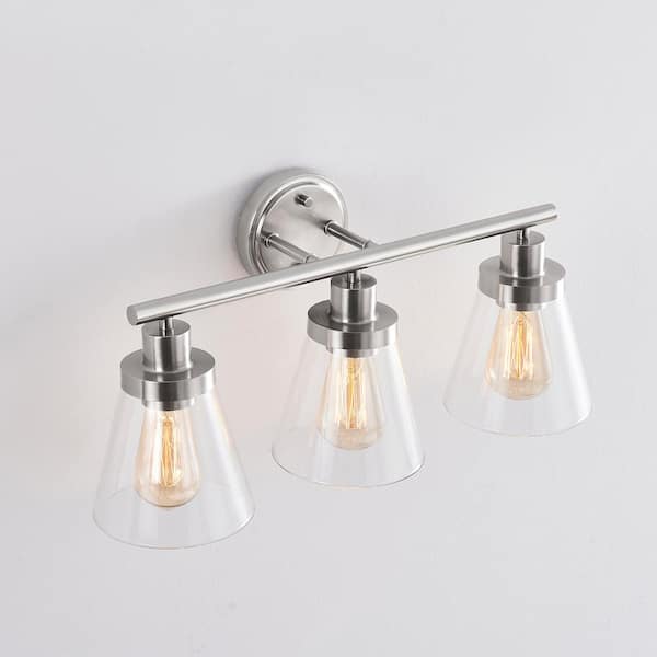 KAWOTI 22.25 in. 3-Light Brushed Nickel Vanity Light with Bell Glass Shade