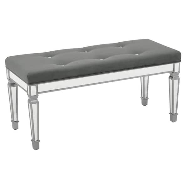 OSP Home Furnishings Reflections 42 in. Mirrored Framed Tuffted Graphite Velvet Fabric Top Bench