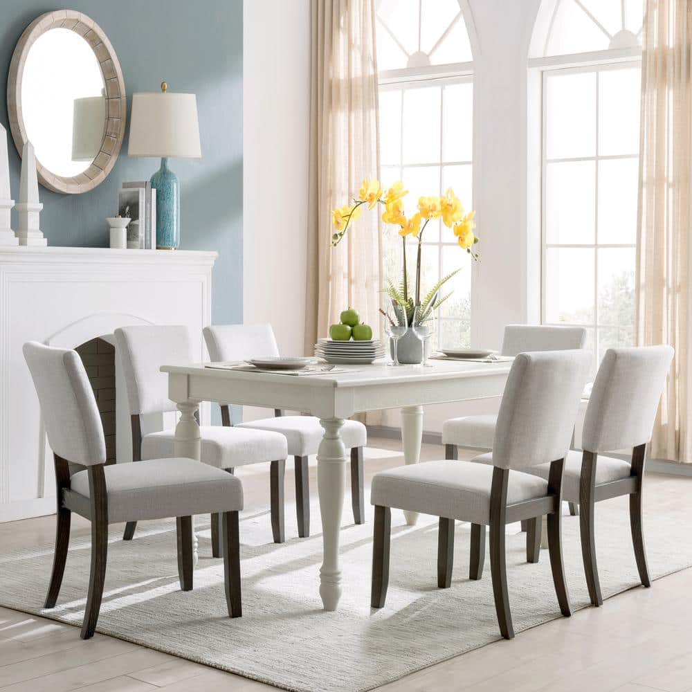 Heather Gray Upholstered Linen Side Chair with Wood Legs, Set of 2