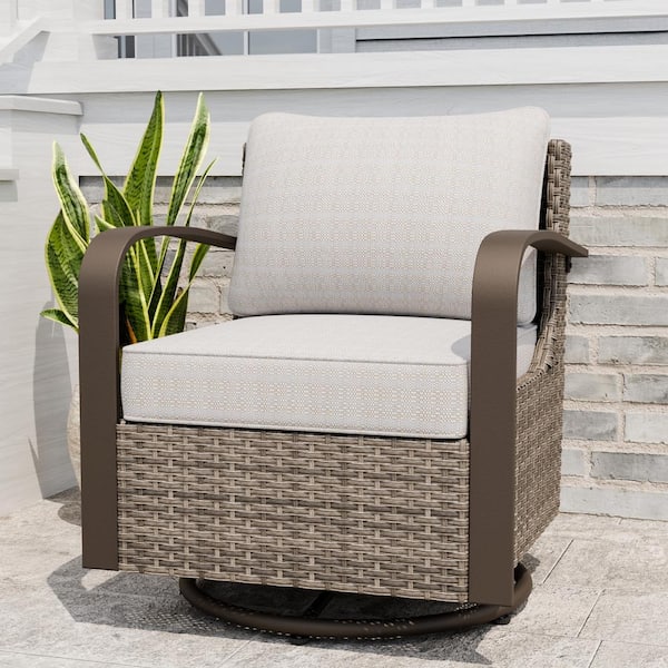 Outdoor Swivel Wicker Outdoor Rocking Chair with Beige Cushion