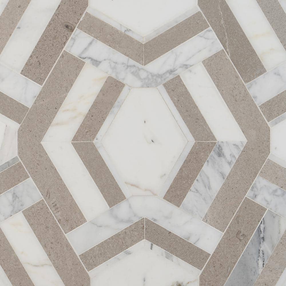 Cream and Gray Polished Marble Geometric Mosaic Tile