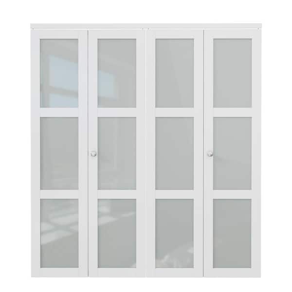 ARK DESIGN 72 in. W. x 80 in. 3-Lite Frosted Glass Solid Core MDF White Finished Closet Bi-fold Door with Hardware