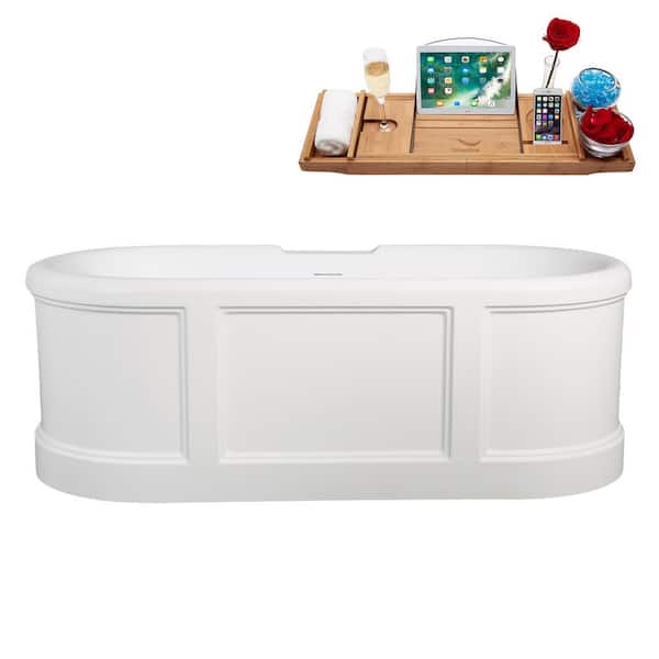 67 in. x 30 in. Acrylic Freestanding Soaking Bathtub in Matte White With Brushed Nickel Drain, Bamboo Tray
