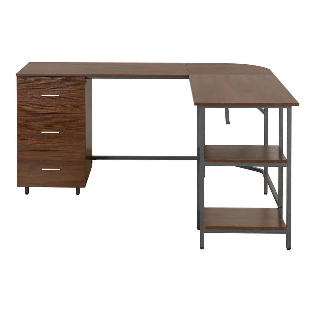 Rustic Walnut Wood Corner Gaming Desk with Drawer Storage