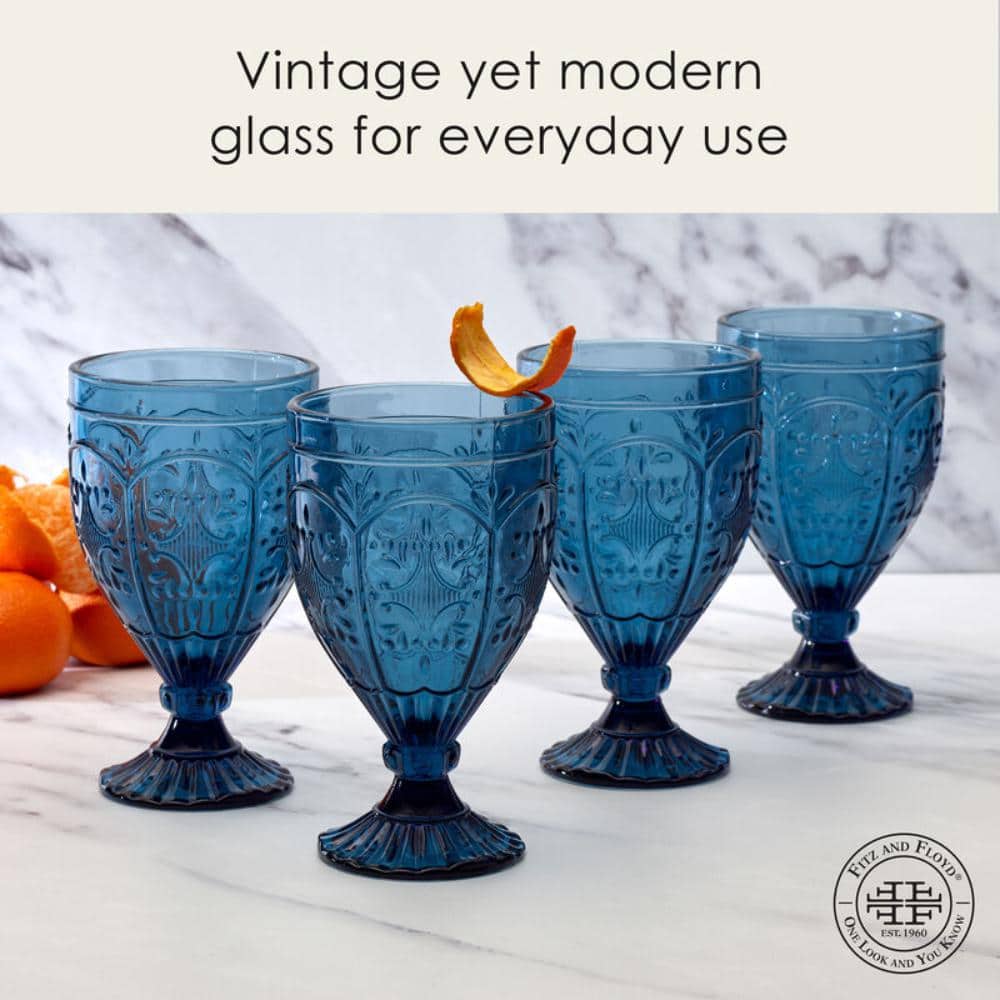 Royal Blue Embossed Glass Goblet Set of Four