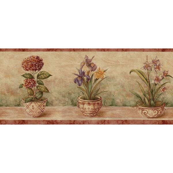 The Wallpaper Company 9 in. x 15 ft. Terracotta Potted Floral Border-DISCONTINUED