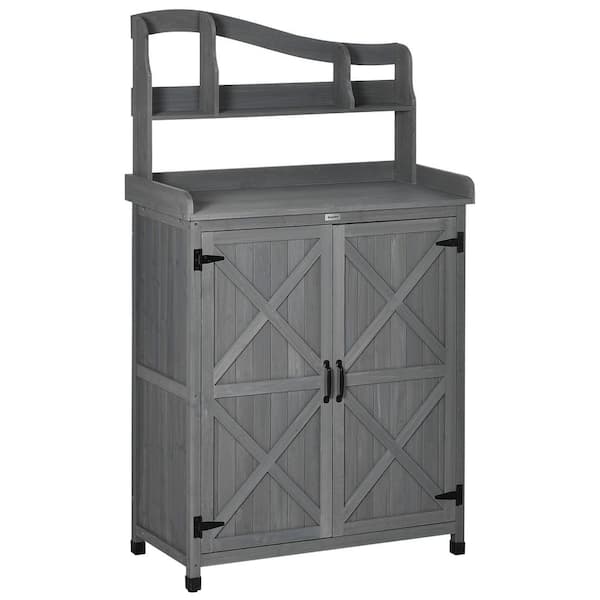 Outsunny 37.5 in. W x 66.75 in. H Gray Potting Bench Table and Garden Storage Cabinet