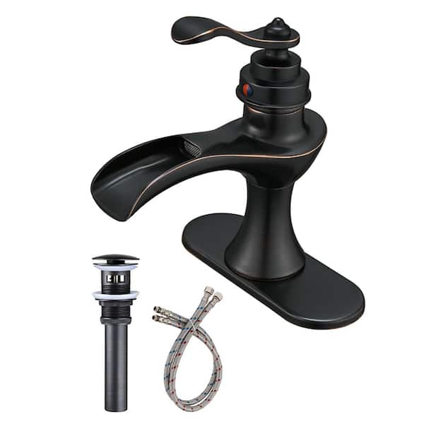 Boyel Living Single Handle Single Hole Bathroom Faucet with Deckplate Included, Pop Up Drain, Water Supply Hoses in Oil Rubbed Bronze