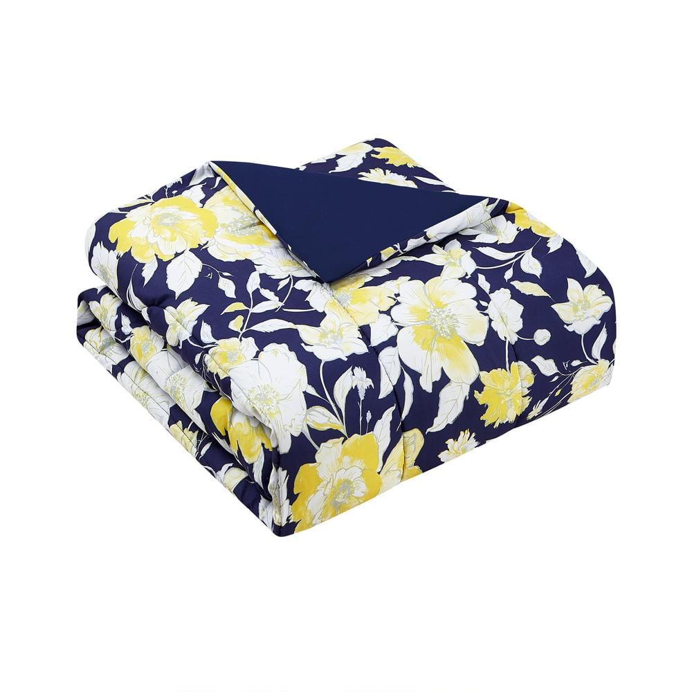 King Navy Yellow Floral Microfiber Comforter Set