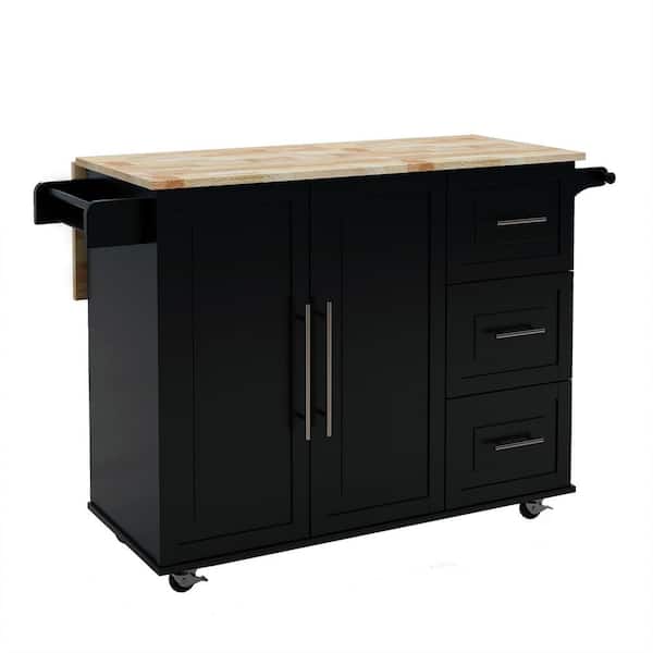 Boosicavelly 43.70 inch Black Wood Kitchen Cart with Spice Rack, Towel Rack and Extensible Solid Wood Table