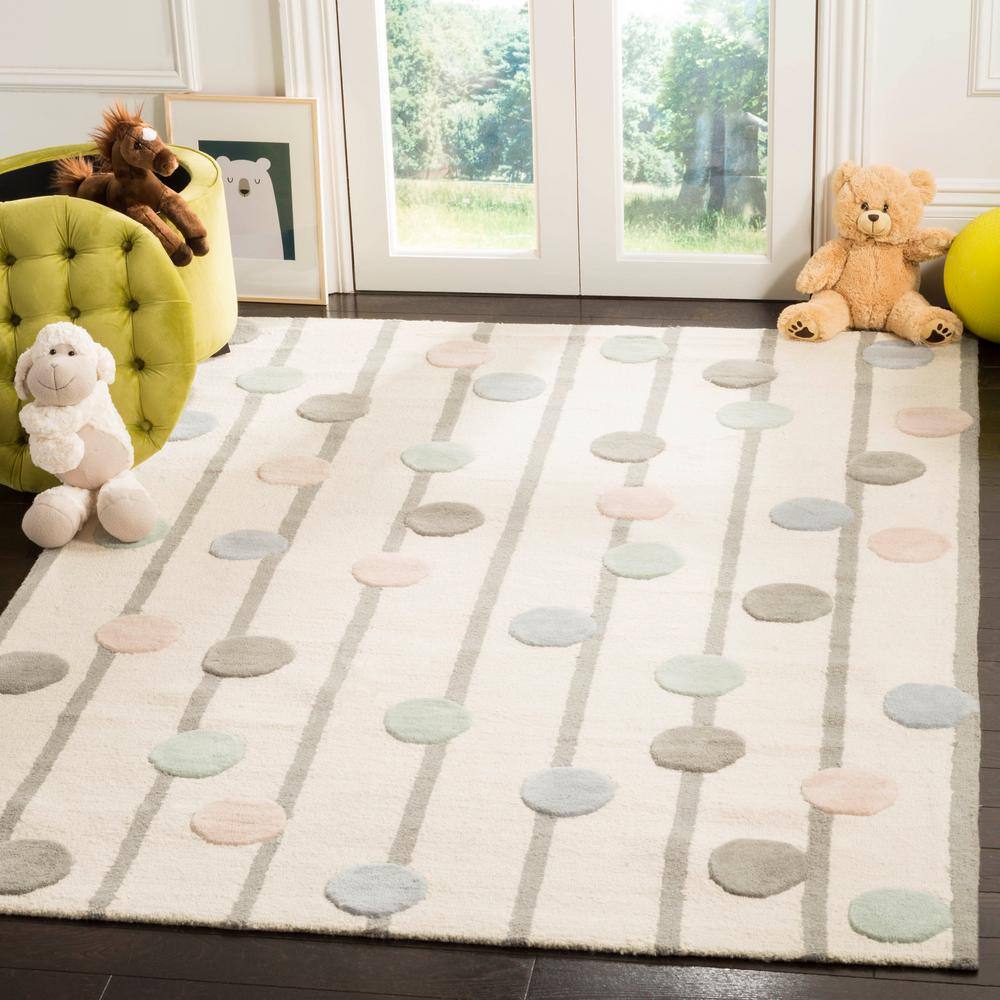 Ivory and Multi Polka Dot Wool Kids Area Rug, 4' x 6'
