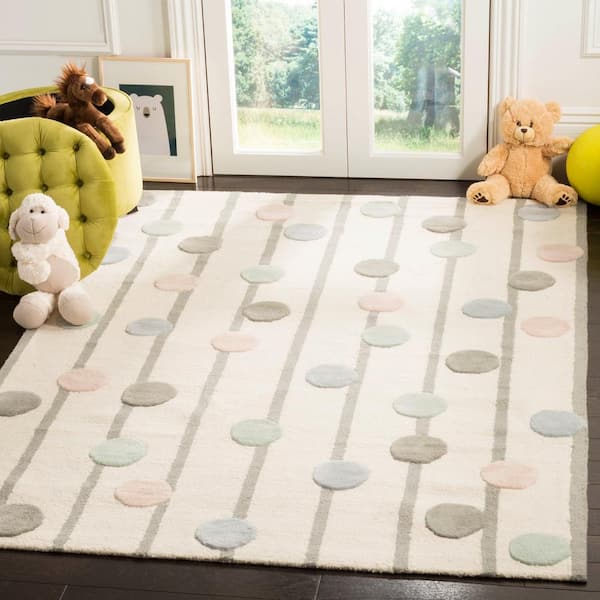 Kids 9 ft. x 12 ft. Ivory/Multi Striped Polka Dot Area Rug