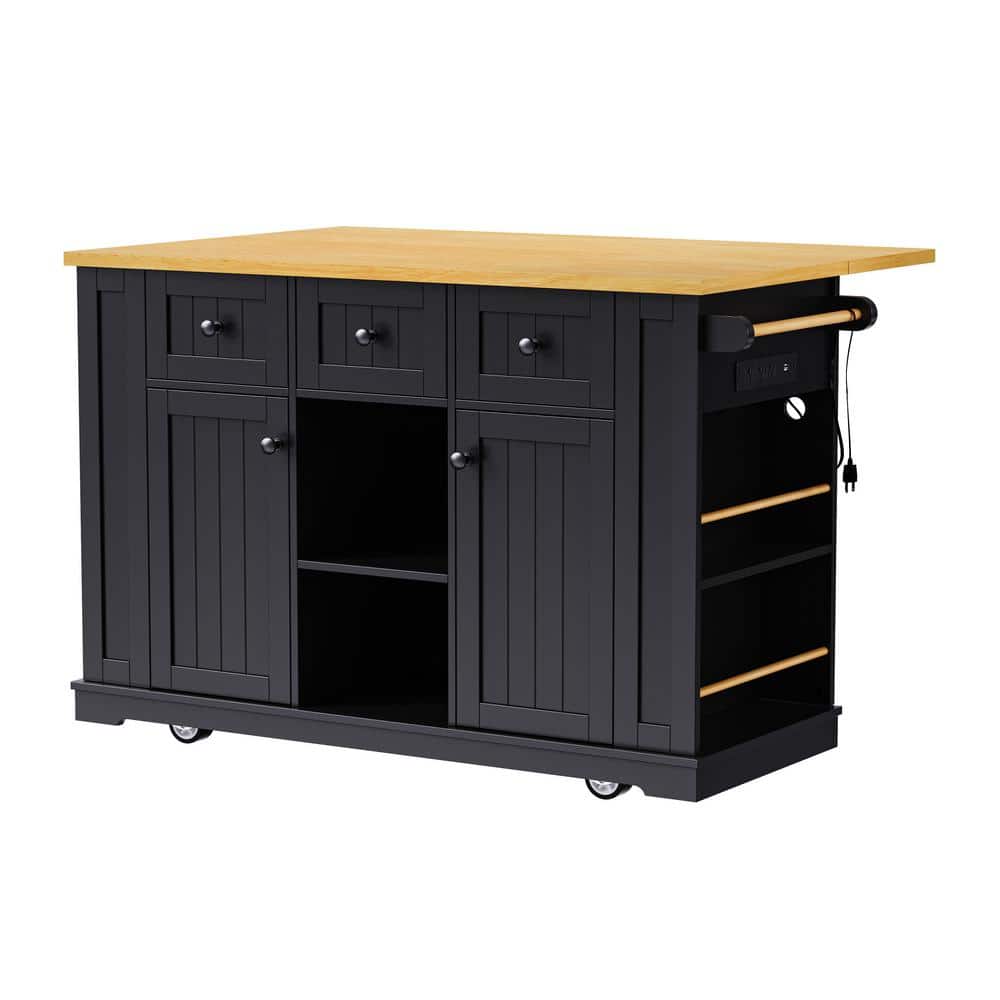 Black Wood 53.14 in. Kitchen Island with Drop Leaf, Power Outlet, 5-Open Si