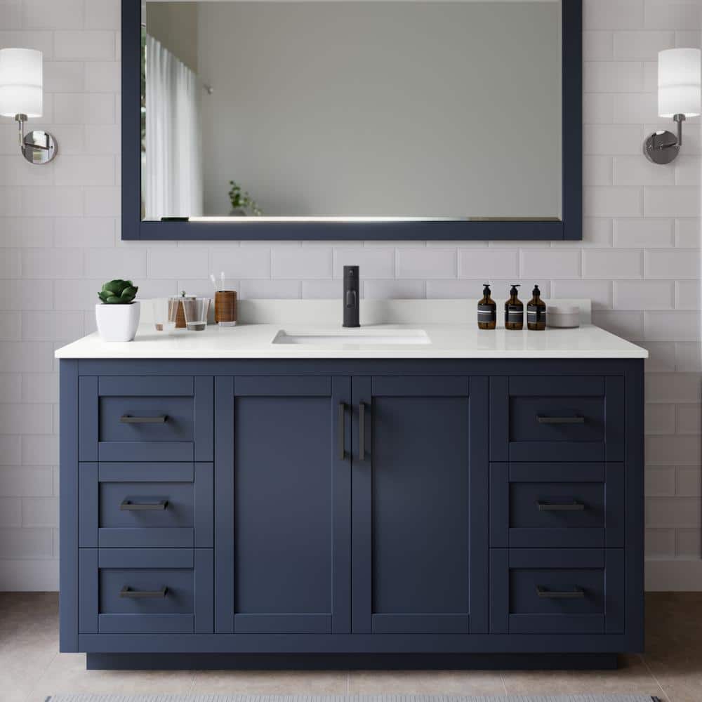Miranda 60 in. W x 22 in. D x 33.75 in. H Single Bath Vanity in Dark Blue with White Quartz Top and 58 in. Mirror price history on PriceWatchPro