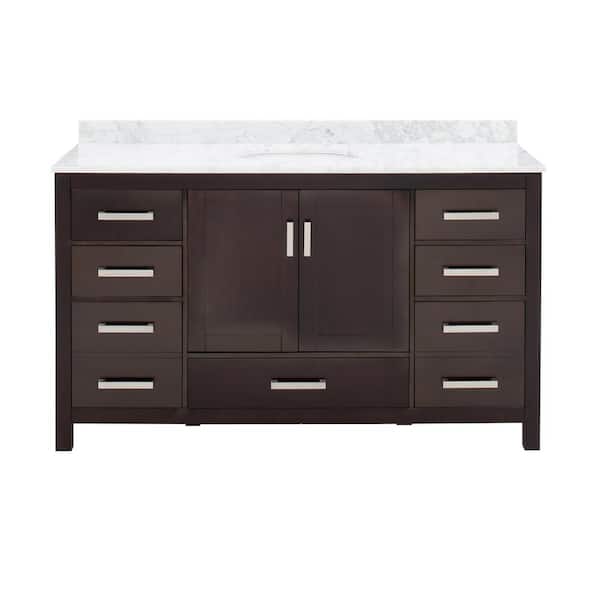 Sheffield 60 in. Vanity in Espresso with Marble Vanity Top in Carrara White and 58 in. Mirror