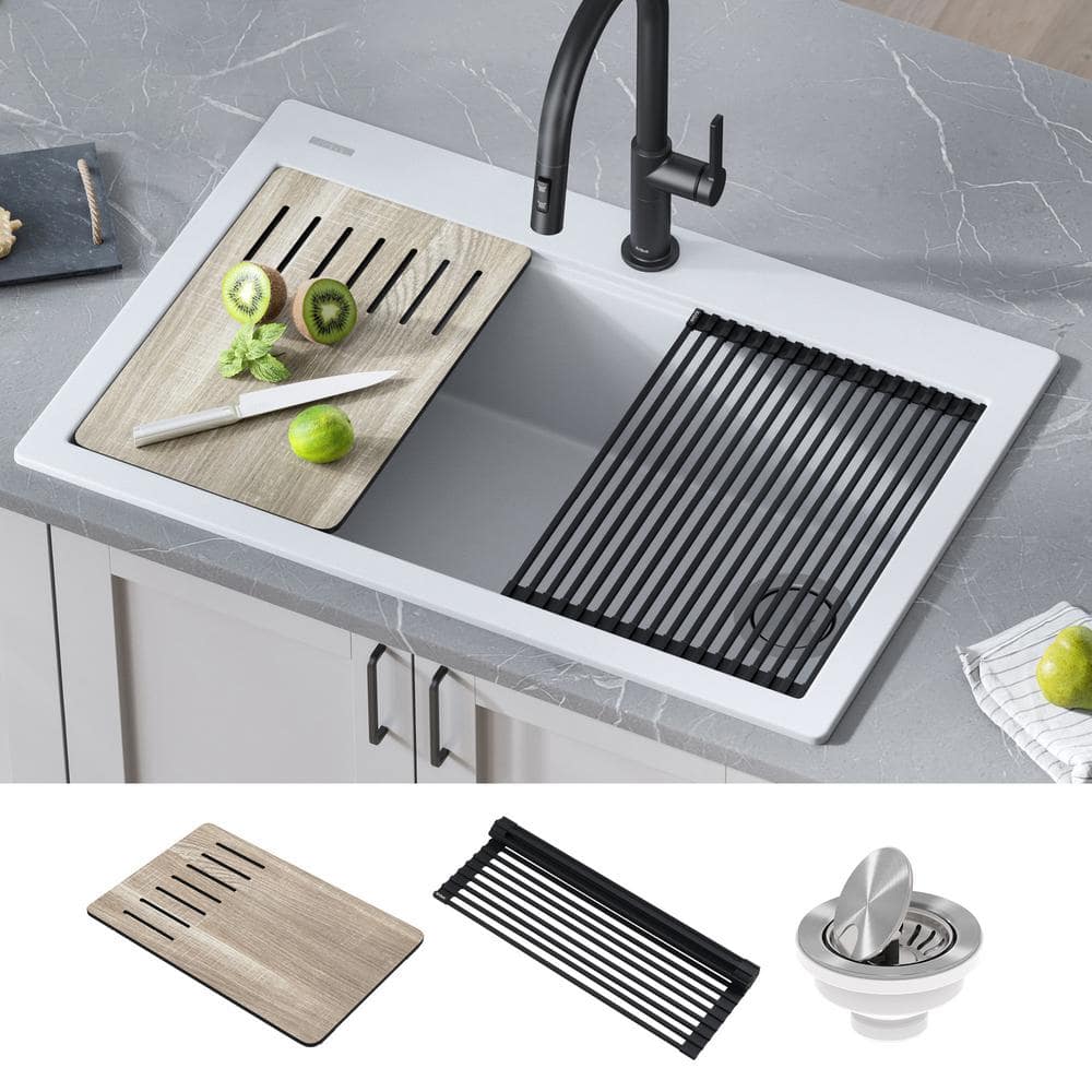 33 in. White Granite Composite Single Bowl Workstation Kitchen Sink with Accessories