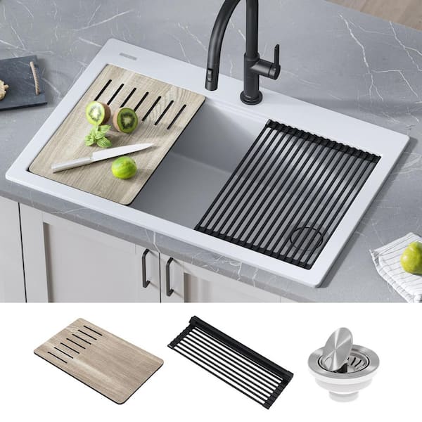 Bellucci Workstation 33 in. Drop-In Granite Composite Single Bowl Kitchen Sink in White with Accessories