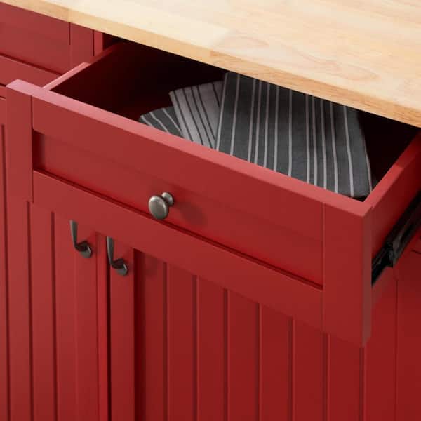 Bainport Chili Red Wooden Rolling Kitchen Cart with Butcher Block Top and Double-Drawer Storage (44" W)