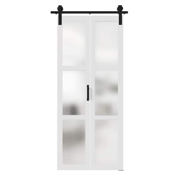 36 in. W. x 84 in. 3-Lite Frosted Glass Bi-Fold Door Finished Sliding Hardware Kit, MDF White Folding Barn Door Slab