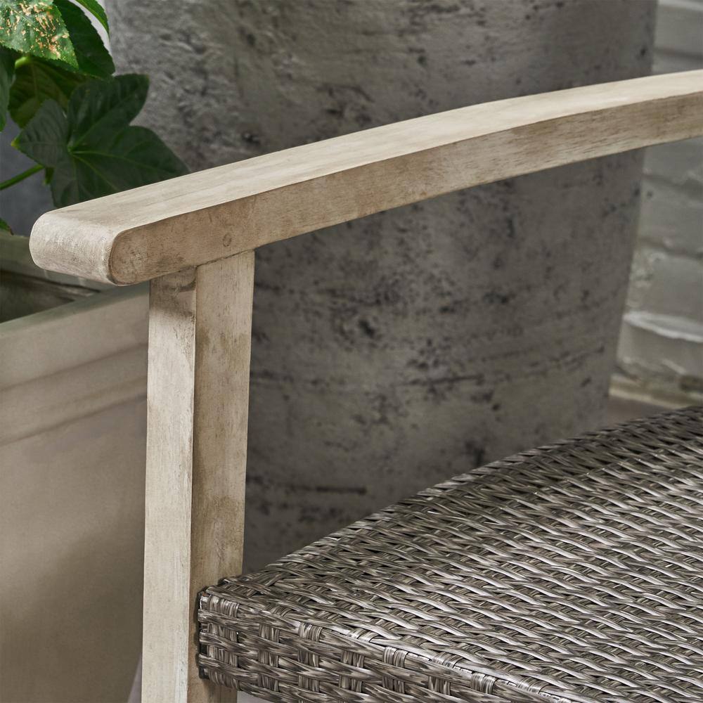 Light Gray Wash Wicker and Wood Two-Seater Outdoor Loveseat