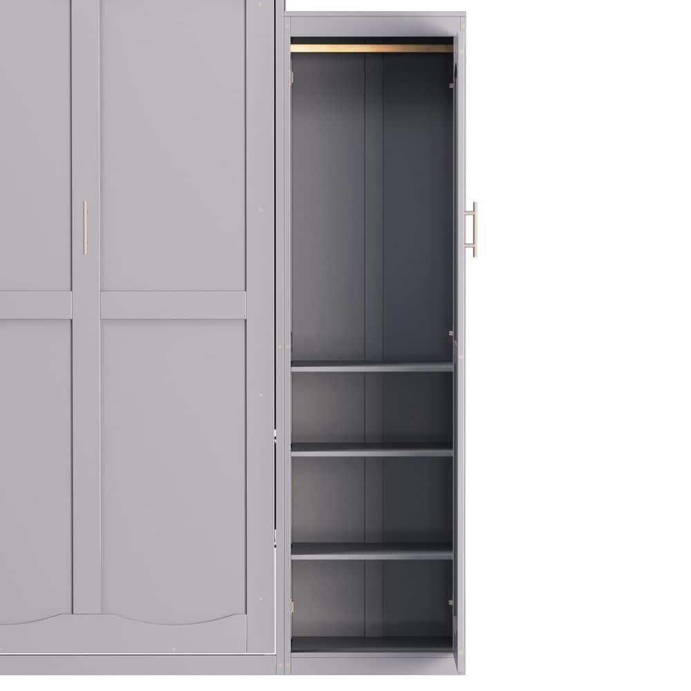 Gray Wood Frame Queen Size Murphy Bed Wall Bed with Wardrobes, Storage Shelves - thumbnail 9