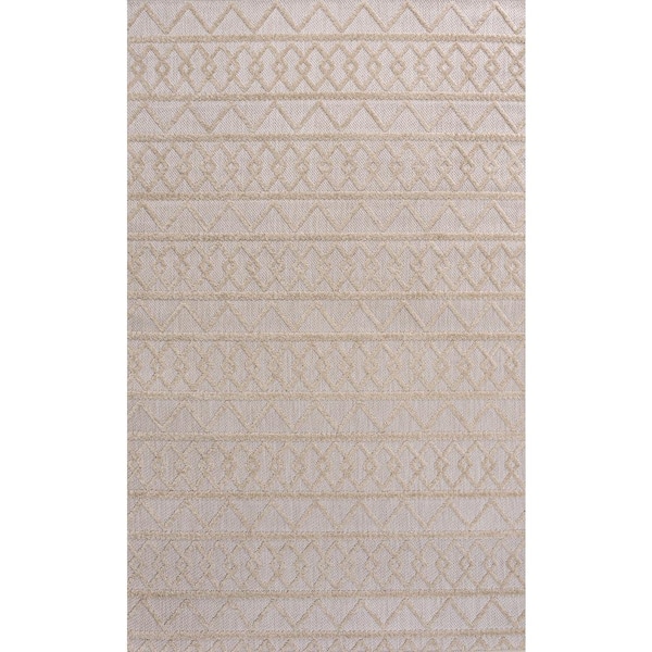 Aylan High-Low Pile Knotted Trellis Geometric Beige 4 ft. x 6 ft. Indoor/Outdoor Area Rug