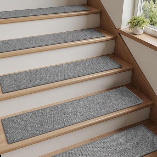 Gray 8 in. x 30 in. Non-Slip Stair Runner Polyester Stair Tread Cover (Set of 15)