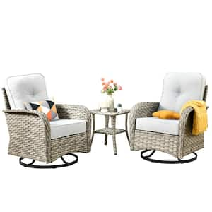 Charlotte 3-Piece Wicker Outdoor Rocking Chair with Light Gray Cushions