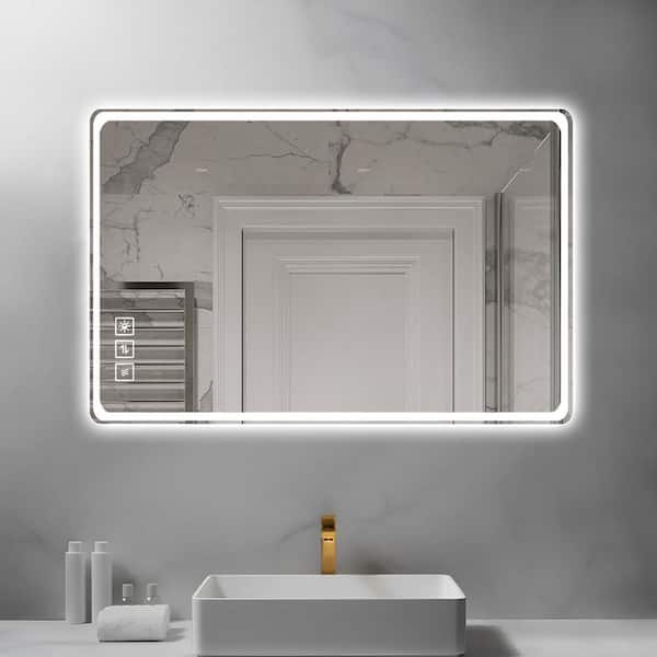 Zeus & Ruta 28 in. W x 20 in. H Large Rectangular Frameless Anti-Fog Wall Bathroom Vanity Mirror in Silver