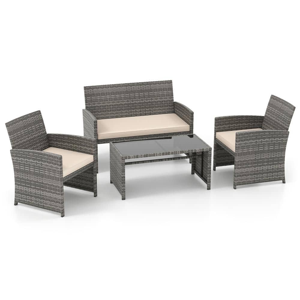 4 Pieces Outdoor Wicker Cushioned Rattan Conversation Furniture Set and Coffee Table, for Backyard Balcony Off White price history on PriceWatchPro