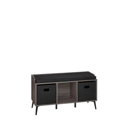 Woodbury Weathered Wood Storage Bench with Cubbies and 2-Piece Black Bin