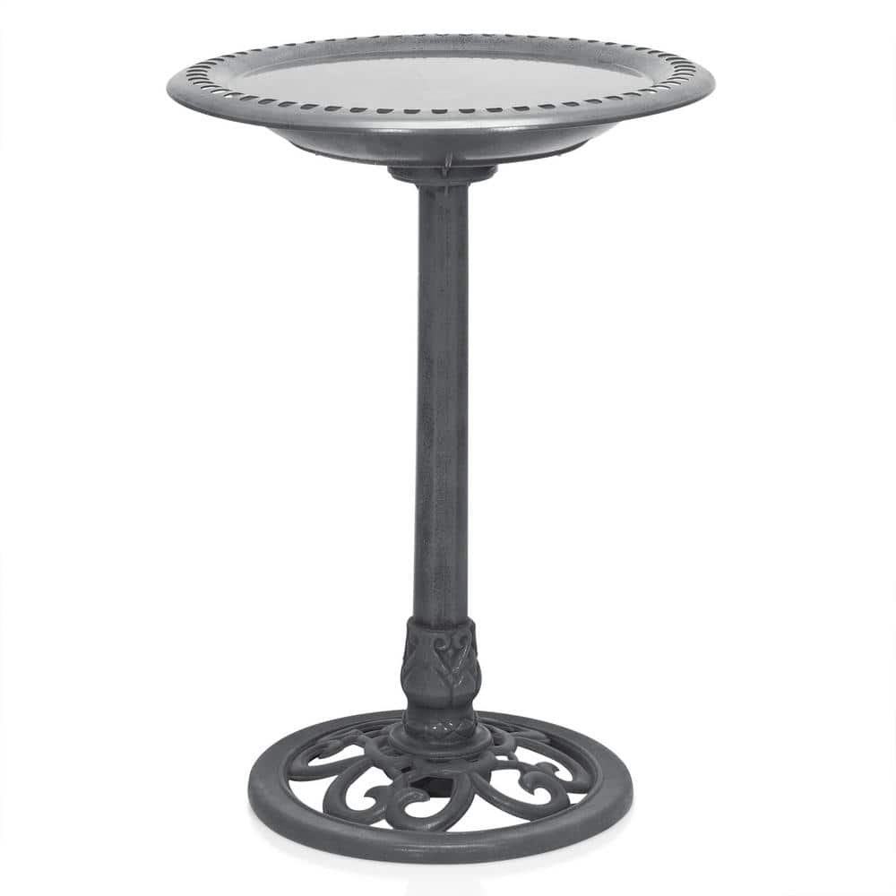 Gray Pedestal Birdbath w/Scrollwork Base and Ground Stakes