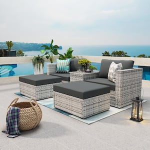 5-Piece Gray Wicker Outdoor Conversation Set with Gray Cushions and Red Pillows with Furniture Protection Cover