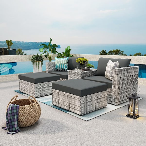 Zeus & Ruta 5-Piece Gray Wicker Outdoor Conversation Set with Gray Cushions and Red Pillows with Furniture Protection Cover