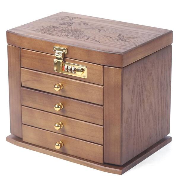 Wooden Box with Combo Lock Lockable Organizer Box Wooden Jewelry Storage Container with Combo Lock Jewlery Box for Watches with Lock Brown Velvet Mirror 