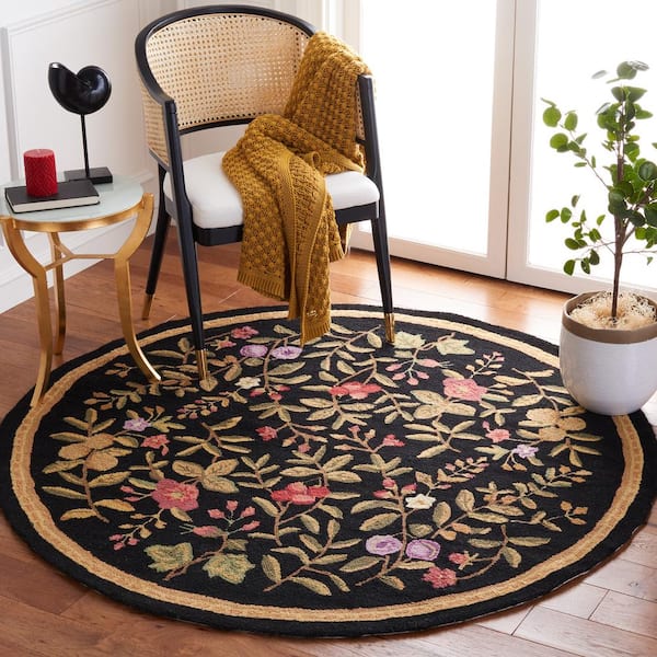 Chelsea Black 6 ft. x 6 ft. Round Border Floral Solid Area Rug