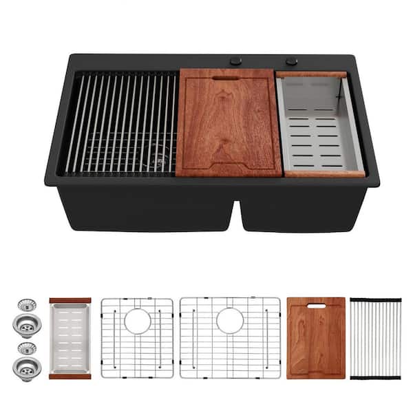 33 x 22 in. Matte Black Drop-in 60/40 Low Divide Double Bowl Quartz Composite Workstation Kitchen Sink with Accessories