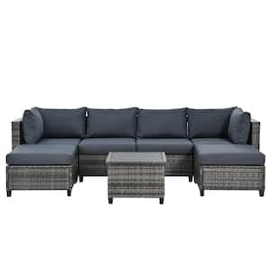 7-Piece Wicker Patio Conversation Set with Gray Cushions and Coffee Table