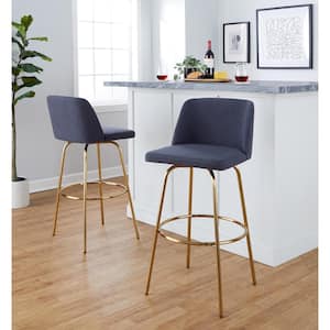 Toriano 29.75 in. Blue Fabric and Gold Metal Fixed-Height Bar Stool (Set of 2)