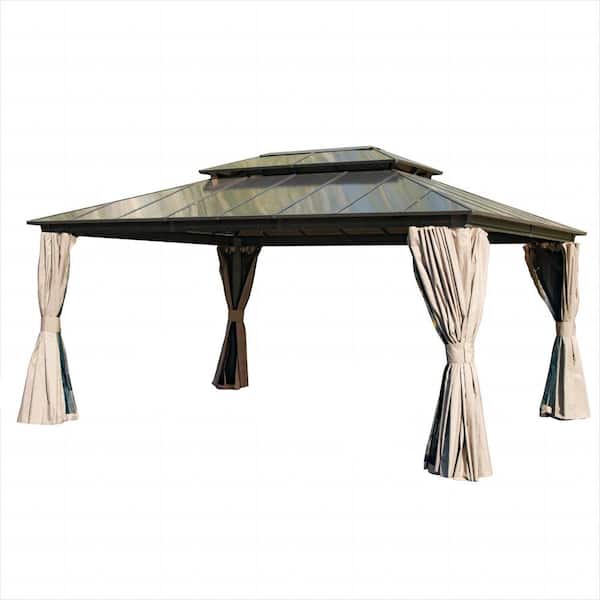 16 ft. W x 12 ft. D Aluminum Hardtop Polycarbonate Double Roof Gazebo, Curtains and Netting