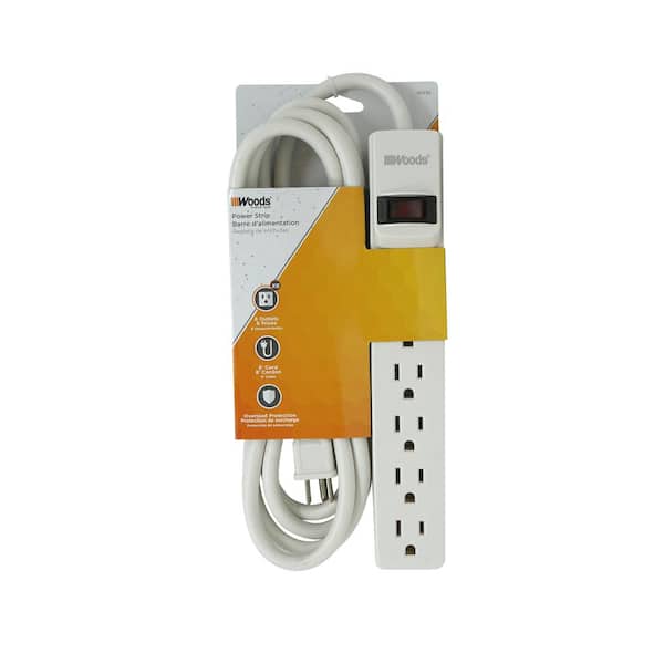 Woods 6-Outlet Power Strip with Sliding Safety Covers and Circuit Breaker 8 ft. Power Cord - White