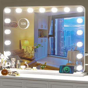 White 23.6 in. W x 31.5 in. H Hollywood Makeup Mirror with 17 Dimmable Bulbs, 10 x Magnification, Touch Control, Type-C,