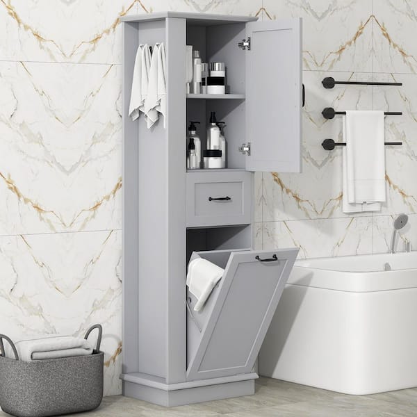 20.3 in. W x 13.8 in. D x 67.8 in. H Gray Wood Freestanding Adjustable Shelves Linen Cabinet with Tilt-Out Compartment