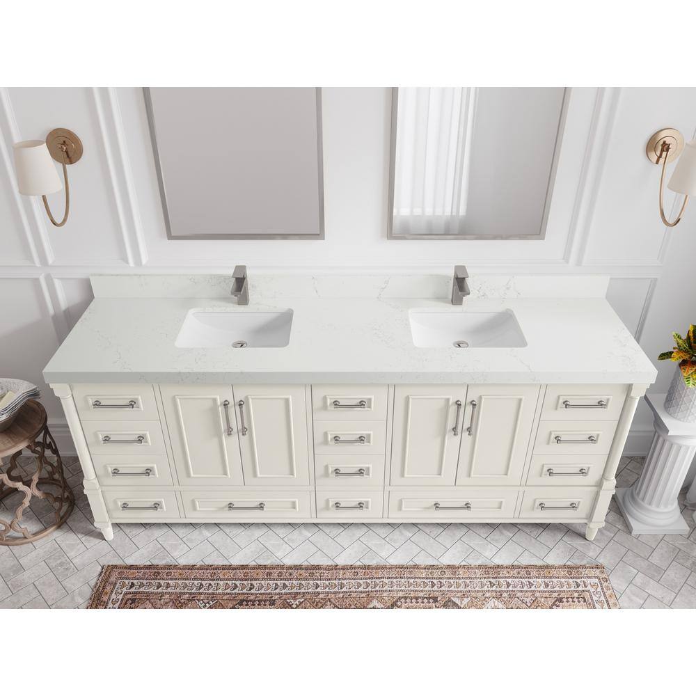 Aberdeen 84" Alabaster Double Sink Freestanding Bathroom Vanity with Quartz Top