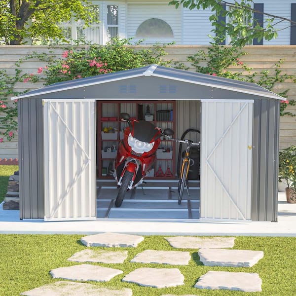 14 ft. W x 12 ft. D Metal Outdoor Storage Shed Garden Shed with Double Lockable Doors &Floor Frame, Gray(168 sq. ft. )