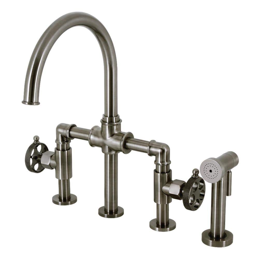 Webb Double Handle Deck Mount Gooseneck Bridge Kitchen Faucet with Brass Side Sprayer in Black Stainless price history on PriceWatchPro