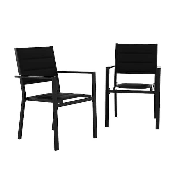 Aluminum Frame Stackable Outdoor Dining Chair in Black Textilene, Set of 2